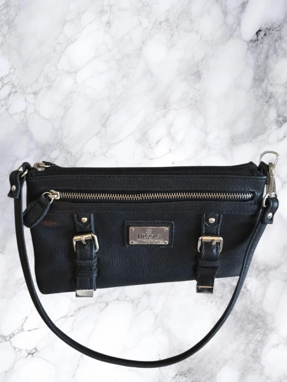 Nicole by Nicole Miller Black Mini Shoulder Bag Y2K Moto Buckle Wristlet